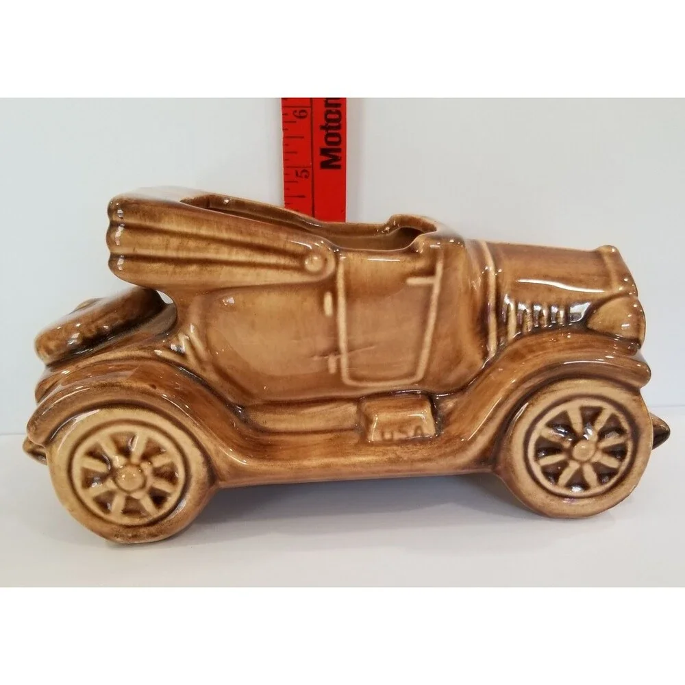 Vintage USA‑Marked Brown Ceramic Car Figurine Planter